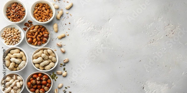 Fototapeta Assorted Nuts in Bowls on Gray Concrete Background with Copy Space for Healthy Food, Organic Snack, and Natural Protein Concept