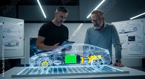 Obraz Automotive Engineers Analyzing a Transparent Electric Car Model