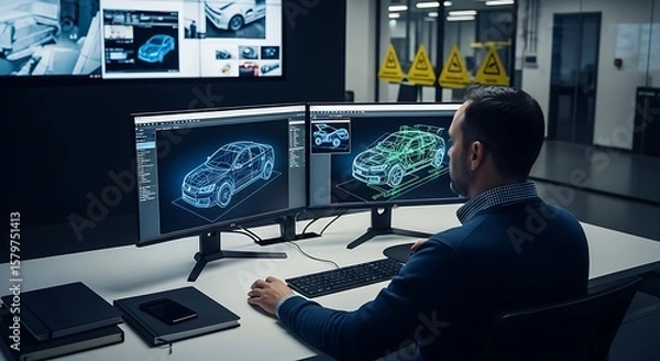 Obraz Automotive Engineer Designing Cars on Dual Monitors