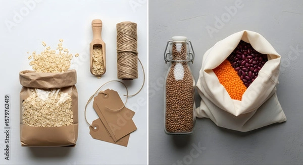 Fototapeta Flatlay showing a paper bag of oats, a wooden scoop, kraft paper tags, twine roll, and a cloth bag with dried beans. Rustic and eco-conscious, styled with soft shadows and earthy tones.