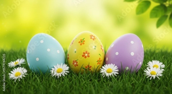 Fototapeta Photo of three colorful easter eggs sit in the grass with white daisies