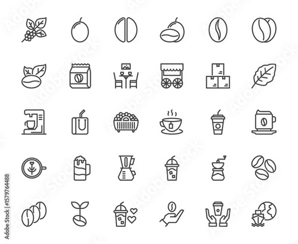 Fototapeta Simple vector coffee bean and coffee cup outline icon collection white isolate background, concept of food and drink restaurant 48x48 pixel perfect icon editable stroke for web, app, media design