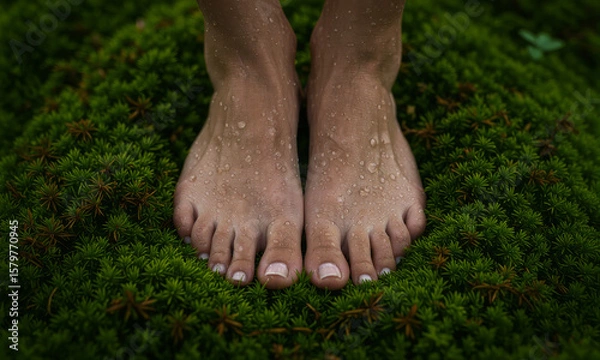 Fototapeta Worm's-Eye View of Bare Feet on Lush Green Moss with Glistening Dewdrops Between Toes