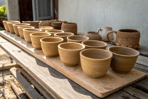Fototapeta A row of handcrafted clay pots displayed on a wooden table in a pottery workshop