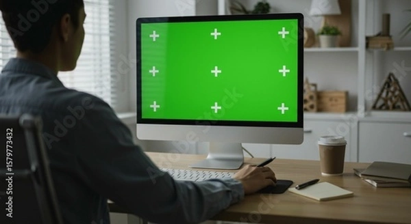 Obraz Person working on computer with green screen