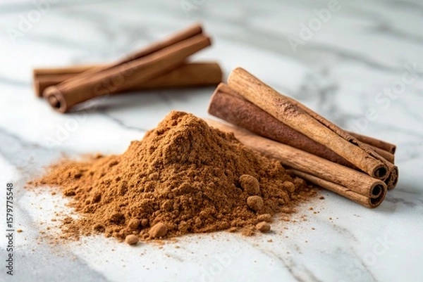 Fototapeta Ground cinnamon with cinnamon sticks on a marble surface, highlighting natural spices for cooking
