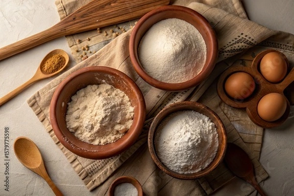Fototapeta Ingredients for Baking Flour, Eggs, and Spices Arranged on a Rustic Tabletop