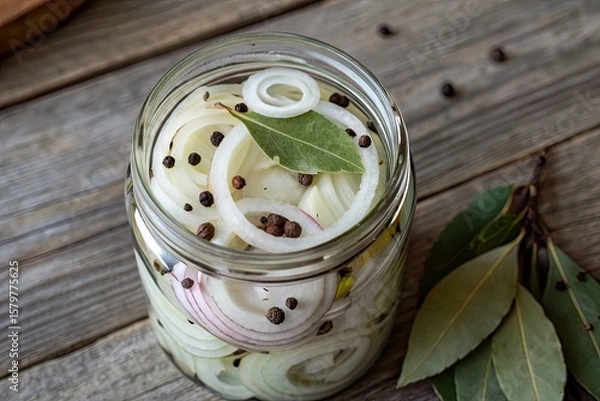 Fototapeta Jar of pickled onions with bay leaves and peppercorns on rustic wooden table background