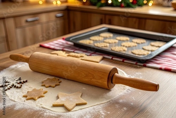Fototapeta Preparing festive cookies with a rolling pin and baking tray in a cozy kitchen adorned with lights