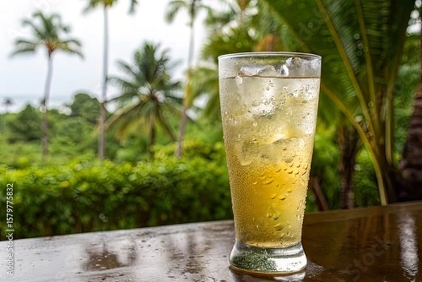 Fototapeta Refreshing beverage in a glass with ice, set against a tropical landscape with palm trees