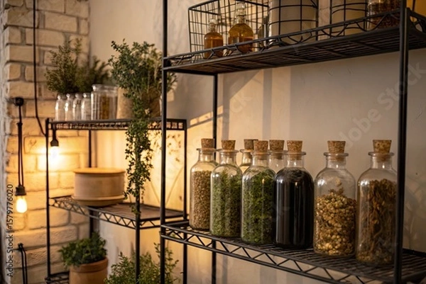 Fototapeta Shelves filled with various herbs and spices in glass jars, illuminated by warm light
