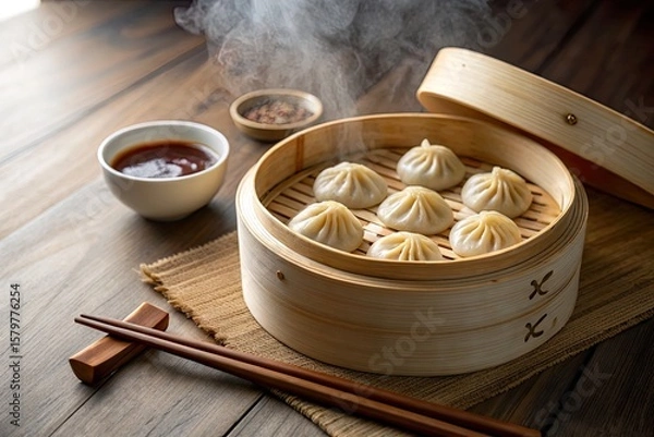 Fototapeta Steaming dumplings in a bamboo steamer with sauce and chopsticks on a wooden table