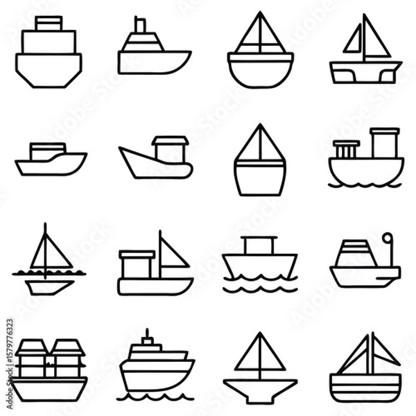 Fototapeta Various watercraft vessels in simple line art boat