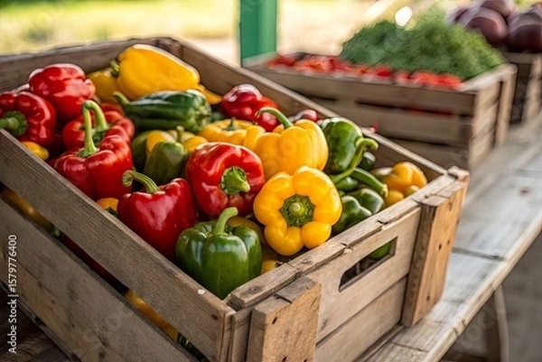 Fototapeta Vibrant assortment of colorful bell peppers in wooden crates at a sunny market setting