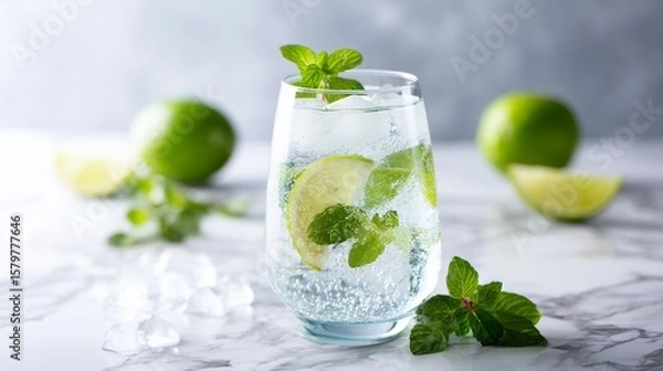 Fototapeta Refreshing Lime and Mint Drink with Ice in Glass on Marble Background