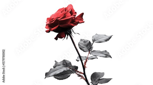 Fototapeta Red Rose On Transparent Background With Leaves