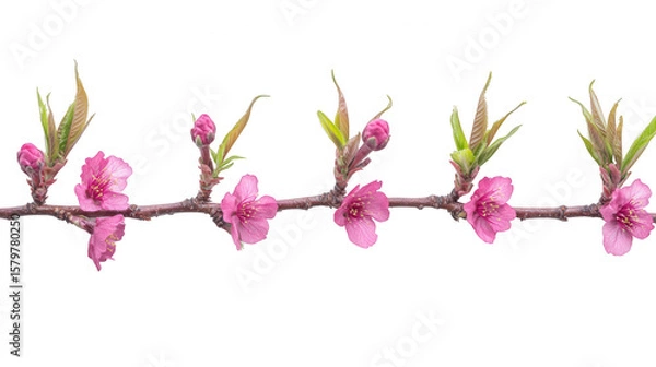 Fototapeta Pink Flowering Branch With Fresh Green Leaves