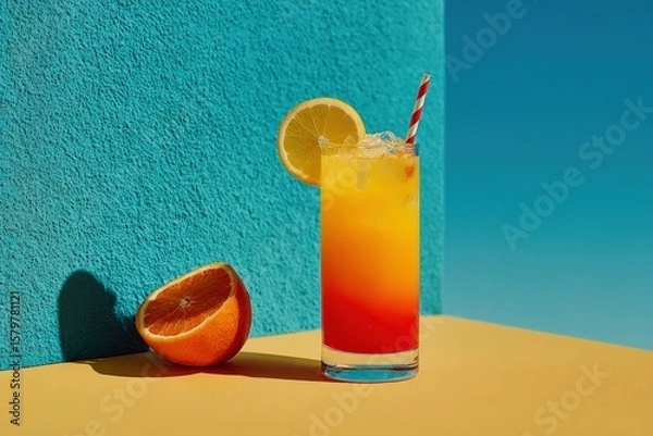 Fototapeta Vibrant tequila sunrise cocktail stands on a colorful backdrop with a lemon slice, accompanied by half an orange, creating a refreshing summer scene