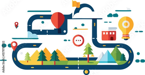 Obraz A collection of stylized route and navigation maps, featuring winding paths, location pins, and destination markers, all designed with a modern and clean aesthetic to convey movement and direction