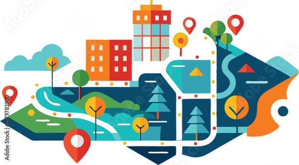 Obraz A collection of stylized route and navigation maps, featuring winding paths, location pins, and destination markers, all designed with a modern and clean aesthetic to convey movement and direction