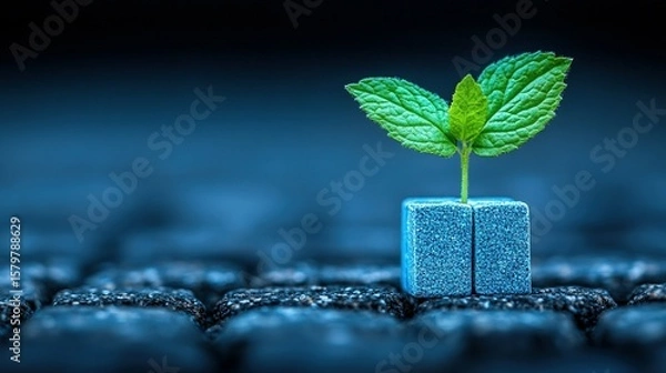 Fototapeta A small sprout of life in a blue cube.