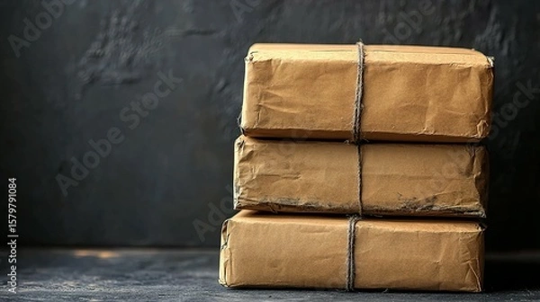 Fototapeta Stack of aged cardboard boxes tied with twine.