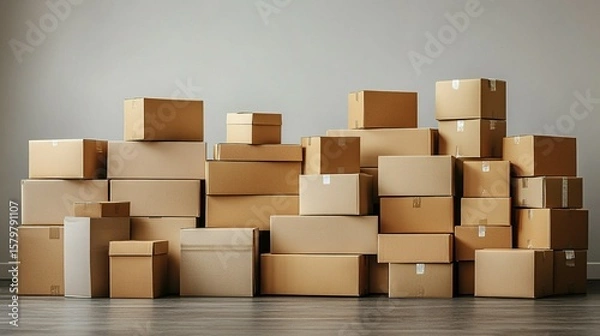 Fototapeta Cardboard boxes stacked high in a room.