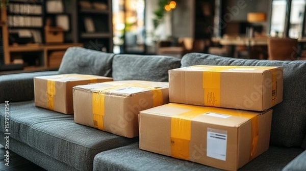 Fototapeta Cardboard boxes stacked on a gray couch.