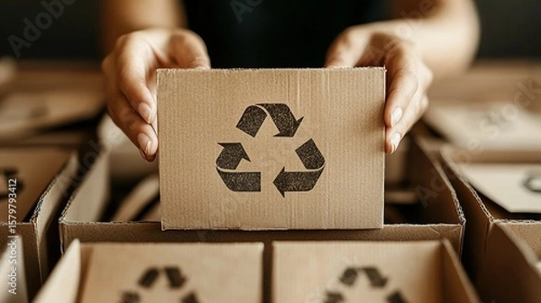 Fototapeta Cardboard boxes with a recycling symbol.
