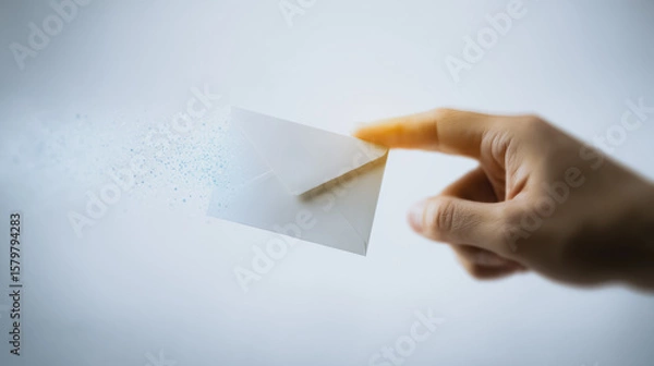 Fototapeta Letter in Hand: A close-up shot of a hand delicately holding a pristine white envelope.