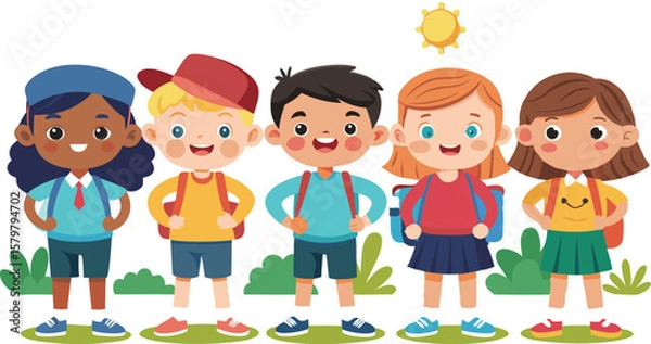 Obraz A lively collection of stylized illustrations depicting diverse school children engaged in learning and  school activities, emphasizing education and childhood development