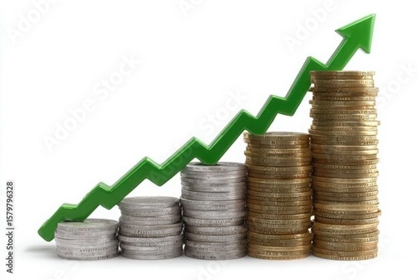 Fototapeta Green arrow graph showing upward trend over increasing stacks of coins representing financial growth and success