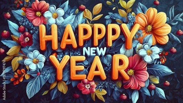 Fototapeta Happy New Year 3D Gold Lettering with Blue and Orange Floral Surround Background for Greeting Card, Invitation, Poster, and Holiday Design