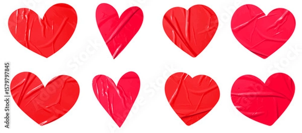 Fototapeta Set of vector red sticky note papers hearts shapes and wrinkles, Copy space stickers or patches for preview tags labels design	