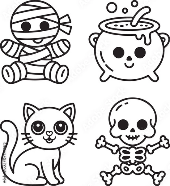 Fototapeta Spooky Halloween Characters Collection: A collection of cute black and white illustrations featuring a mummy, a cauldron, a cat, and a skeleton. Ready for the Halloween celebration!
