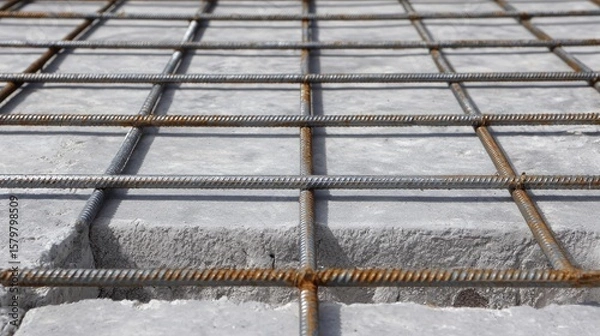 Obraz Close-Up View of Construction Mesh Reinforcement with Steel Rebar on Concrete Surface for Building Projects