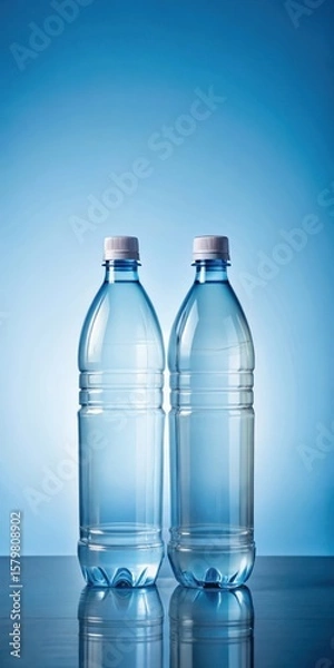 Obraz Two empty plastic bottles sit on a plain blue table