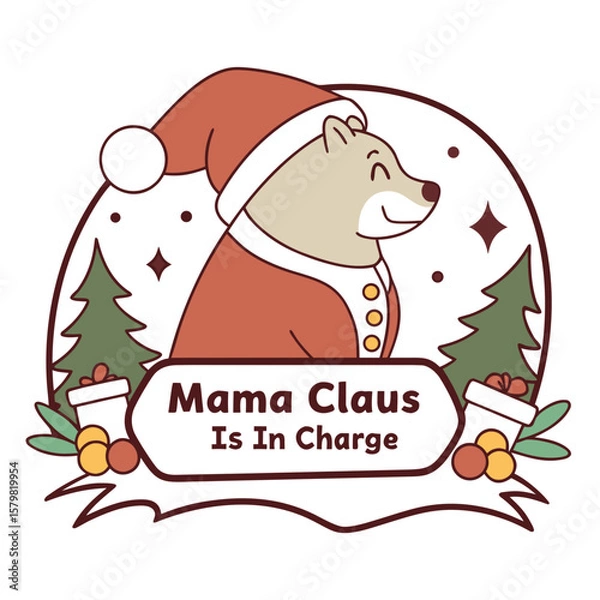 Obraz Cute Mama Claus Bear Illustration with Christmas Trees and Presents