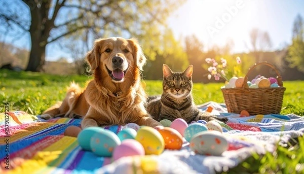 Obraz Sunny Easter picnic with pets