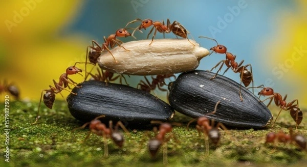 Fototapeta Ants Collaborative Feast Tiny Teamwork on Moss.