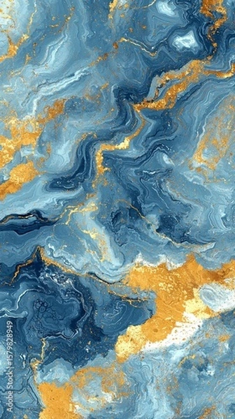 Fototapeta Abstract blue and gold marble texture with swirling patterns and metallic accents