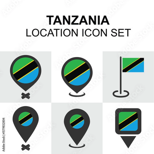 Fototapeta Vibrant pins featuring the Tanzanian flag in different styles, ideal for safari maps, travel content, or regional information.