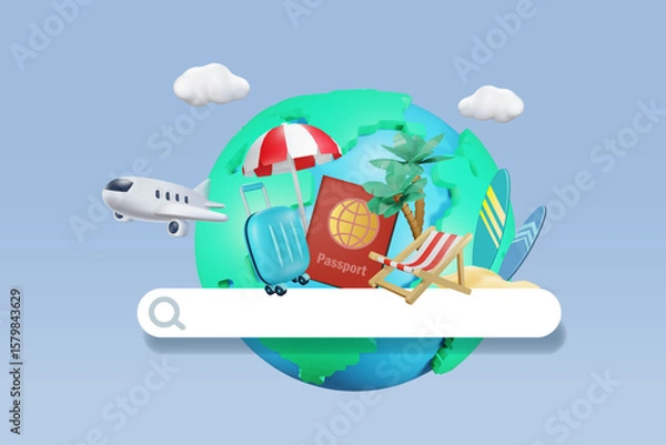 Fototapeta Online web searching bar for travel vacation on world with passport and summer tropical beach. 3D vector.	
