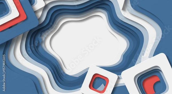 Fototapeta Abstract design with layered, overlapping shapes in shades of blue, white, and red.