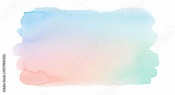Fototapeta Abstract watercolor wash with a gradient of blue, peach, and green hues on a white background.