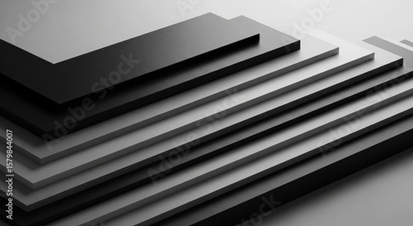 Fototapeta Abstract geometric shapes layered in shades of gray and black, creating a pyramidal form.