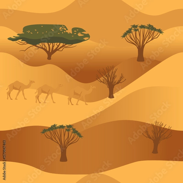 Obraz Desert landscape, dunes, trees, camel caravan, seamless vector pattern
