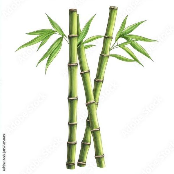 Obraz Bamboo Stalks with Green Leaves Isolated on White Background