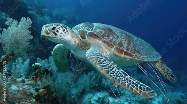 Obraz Graceful sea turtle gliding through vibrant coral reef rich with marine life and colorful corals in clear blue ocean waters