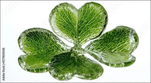 Fototapeta Close-up of a translucent, three-leaf clover, showcasing intricate vein patterns against a stark white background.  The leaves exhibit a vibrant green hue with a glassy texture